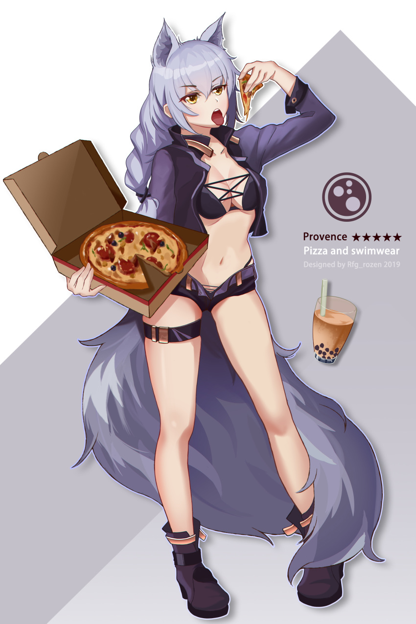 1girl 2019 absurdres animal_ears arknights artist_name bangs bare_legs bikini black_bikini black_footwear black_shorts boots breasts bubble_tea character_name commentary cross-laced_clothes cup drinking_straw drop_shadow eyebrows_visible_through_hair food full_body grey_background hair_between_eyes hand_up highres holding holding_food jacket long_hair long_sleeves medium_breasts navel open_clothes open_jacket open_mouth pizza pizza_box provence_(arknights) purple_jacket rfg_rozen short_shorts shorts sidelocks silver_hair solo standing star stomach swimsuit tail thigh_strap thighs tongue tongue_out two-tone_background white_background wolf_ears wolf_tail yellow_eyes