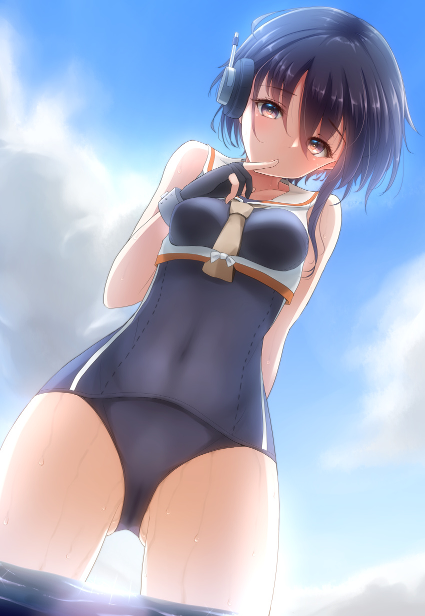 1girl absurdres arm_behind_back artist_name ass_visible_through_thighs asymmetrical_hair bangs black_hair blue_sky blush breasts brown_eyes clouds commentary_request covered_navel cowboy_shot dated day eyebrows_visible_through_hair finger_to_mouth framed_breasts gloves hair_between_eyes headphones highres i-13_(kantai_collection) kantai_collection looking_at_viewer looking_down nuka_(nvkka) ocean one-piece_swimsuit open_mouth outdoors partly_fingerless_gloves revision sailor_collar school_swimsuit short_hair sidelocks single_glove sky solo sparkle standing swimsuit thighs wading wet