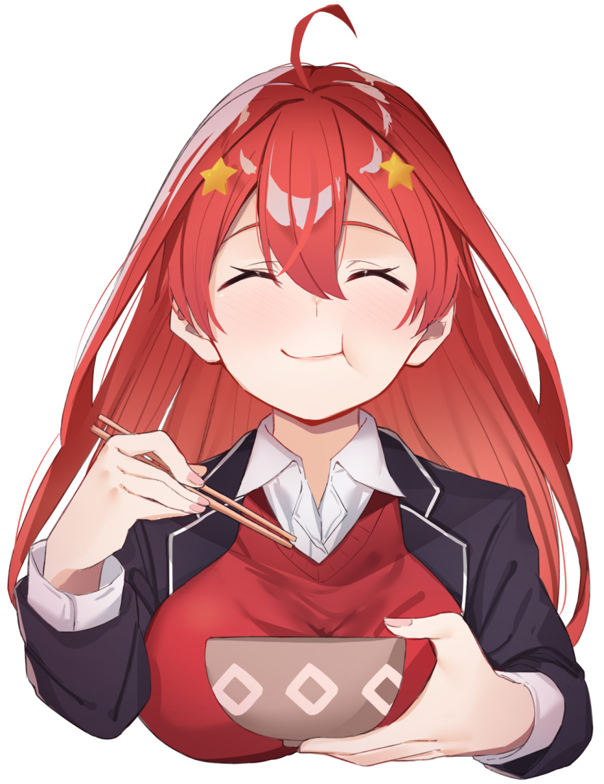 1girl :t ^_^ ahoge bangs black_jacket blazer blush bowl chopsticks closed_eyes closed_mouth collared_shirt dress_shirt eating eyebrows_behind_hair facing_viewer go-toubun_no_hanayome hair_between_eyes hair_ornament highres holding holding_bowl holding_chopsticks jacket long_hair long_sleeves nail_polish nakano_itsuki open_blazer open_clothes open_jacket pink_nails redhead shirt simple_background solo star star_hair_ornament sweater_vest tapioka_(oekakitapioka) white_background white_shirt