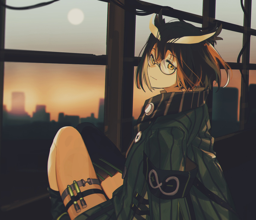 1girl arknights armband bangs bob_cut brown_hair buttons cityscape feathers glasses high_collar highres indoors long_sleeves looking_at_viewer looking_back mtfluxx rhine_lab_logo semi-rimless_eyewear silence_(arknights) single_thighhigh sitting steel_beam sunrise thigh-highs thigh_strap vial window wire yellow_eyes