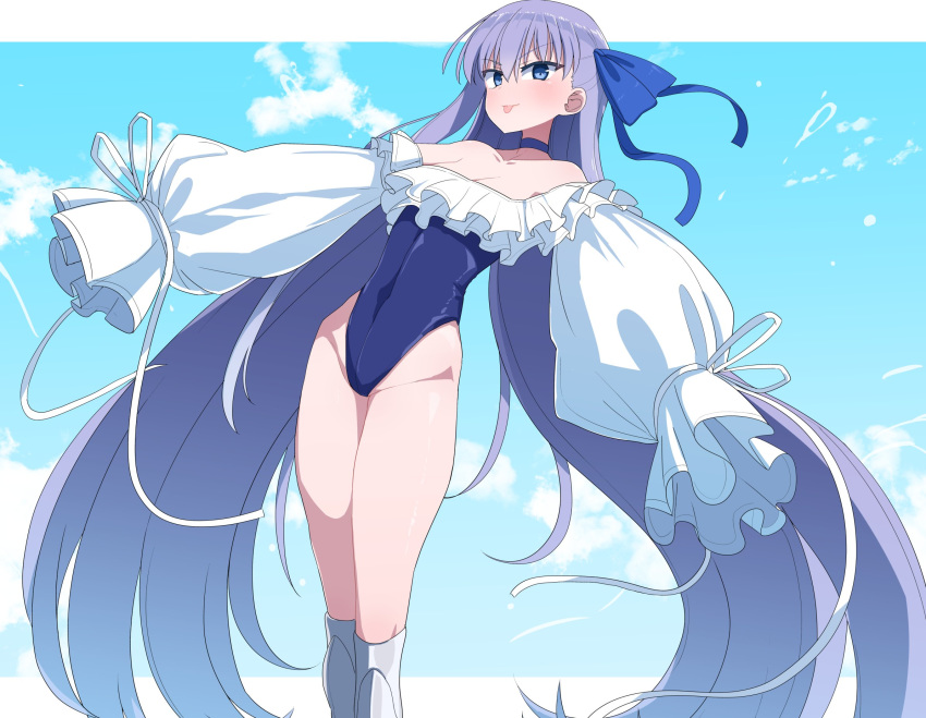 1girl akitokage01 blue_eyes blue_swimsuit blush commentary_request covered_navel fate/grand_order fate_(series) frills hair_ribbon highleg highleg_swimsuit highres long_hair long_sleeves looking_at_viewer meltryllis meltryllis_(swimsuit_lancer)_(fate) off-shoulder_swimsuit one-piece_swimsuit puffy_sleeves purple_hair ribbon sleeves_past_fingers sleeves_past_wrists solo swimsuit tongue tongue_out very_long_hair