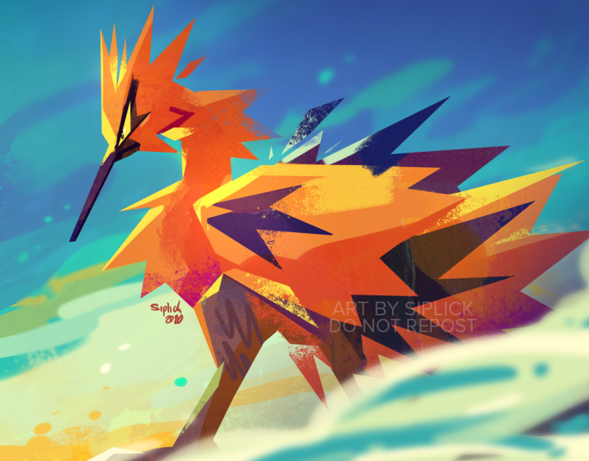 2020 bird bird_focus creature feet_out_of_frame from_side galarian_form galarian_zapdos gen_8_pokemon no_humans pokemon pokemon_(creature) profile serious signature siplick solo standing yellow_eyes