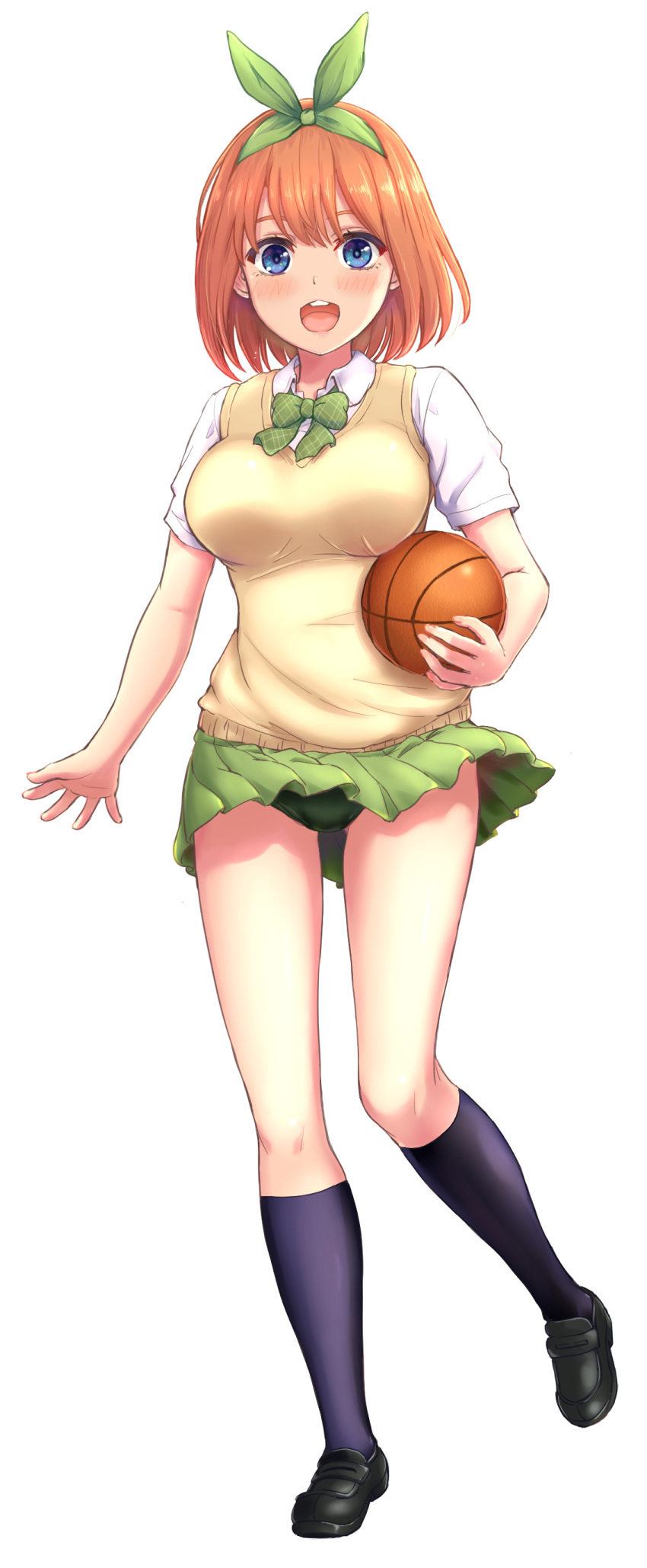 1girl absurdres ball basketball black_footwear black_legwear blue_eyes buruma dress_shirt full_body go-toubun_no_hanayome green_buruma hairband highres inanaki_shiki kneehighs loafers looking_at_viewer nakano_yotsuba open_mouth orange_hair round_teeth school_uniform shirt shoes short_hair short_sleeves simple_background smile solo sweater_vest teeth upper_teeth white_background