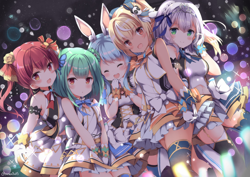 5girls animal_ears armband bare_shoulders blue_hair blush breasts bubble bunny_girl closed_eyes dark_skin girl_sandwich green_eyes green_hair hair_between_eyes hair_ornament heart heterochromia hololive houshou_marine idol_clothes kintsuba_(flare_channel) looking_at_viewer multiple_girls niwasane_(saneatsu03) open_mouth panda_hair_ornament pink_hair pointy_ears rabbit_ears red_eyes sandwiched shiranui_flare shirogane_noel small_breasts thigh-highs tiara upper_teeth uruha_rushia usada_pekora virtual_youtuber white_hair yellow_eyes