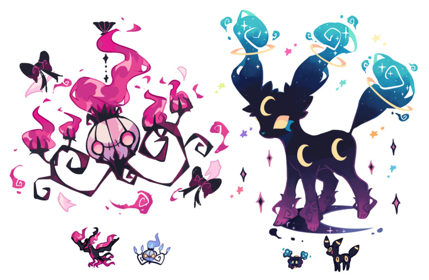 bird black_ribbon blank_eyes chandelure charamells cosmog creature crescent espeon fire flame floating flying full_body fusion galarian_moltres gen_2_pokemon gen_5_pokemon gen_7_pokemon gen_8_pokemon looking_at_viewer multiple_fusions no_humans pink_eyes pink_fire pokemon pokemon_(creature) purple_fire ribbon simple_background sparkle standing star_(sky) white_background yellow_eyes