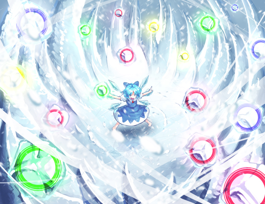 1girl bare_arms barefoot blue_dress blue_hair blue_ribbon child cirno collar collared_shirt commentary danmaku dress eyebrows eyebrows_visible_through_hair fairy_wings frilled_sleeves frills full_body hair_ribbon ice ice_wings looking_at_viewer necktie open_eyes open_mouth outdoors outstretched_arms puffy_short_sleeves puffy_sleeves ribbon shaded_face shadow shirt short_hair short_sleeves smile snow spell_card standing sunyup touhou wind wings