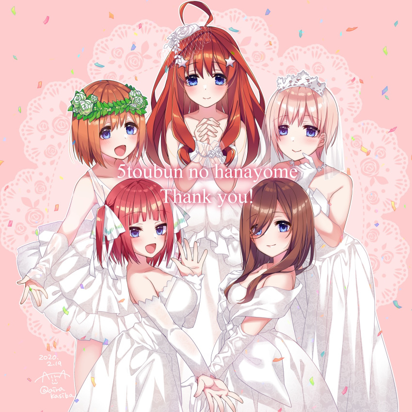 5girls :d ahoge bangs bare_thighs blue_eyes blunt_bangs blush breasts bridal_veil brown_hair butterfly_hair_ornament carrying closed_mouth collarbone commentary_request confetti copyright_name cowboy_shot dated detached_sleeves dress elbow_gloves eyebrows_visible_through_hair finger_to_cheek floral_print flower frilled_dress frills gloves go-toubun_no_hanayome hair_between_eyes hair_flower hair_ornament hair_ribbon hand_on_own_chest hand_up hands_together head_wreath highres kashiba_aira large_breasts lavender_hair long_dress long_hair looking_at_viewer multiple_girls nakano_ichika nakano_itsuki nakano_miku nakano_nino nakano_yotsuba open_hand open_mouth orange_hair outstretched_arm pink_background pink_hair quintuplets redhead ribbon rose short_dress short_hair siblings sidelocks signature sisters sleeves_past_wrists smile star star_hair_ornament strapless strapless_dress thank_you tiara twitter_username two_side_up veil waving wedding_dress white_dress white_gloves white_ribbon white_sleeves wrist_cuffs wrist_flower