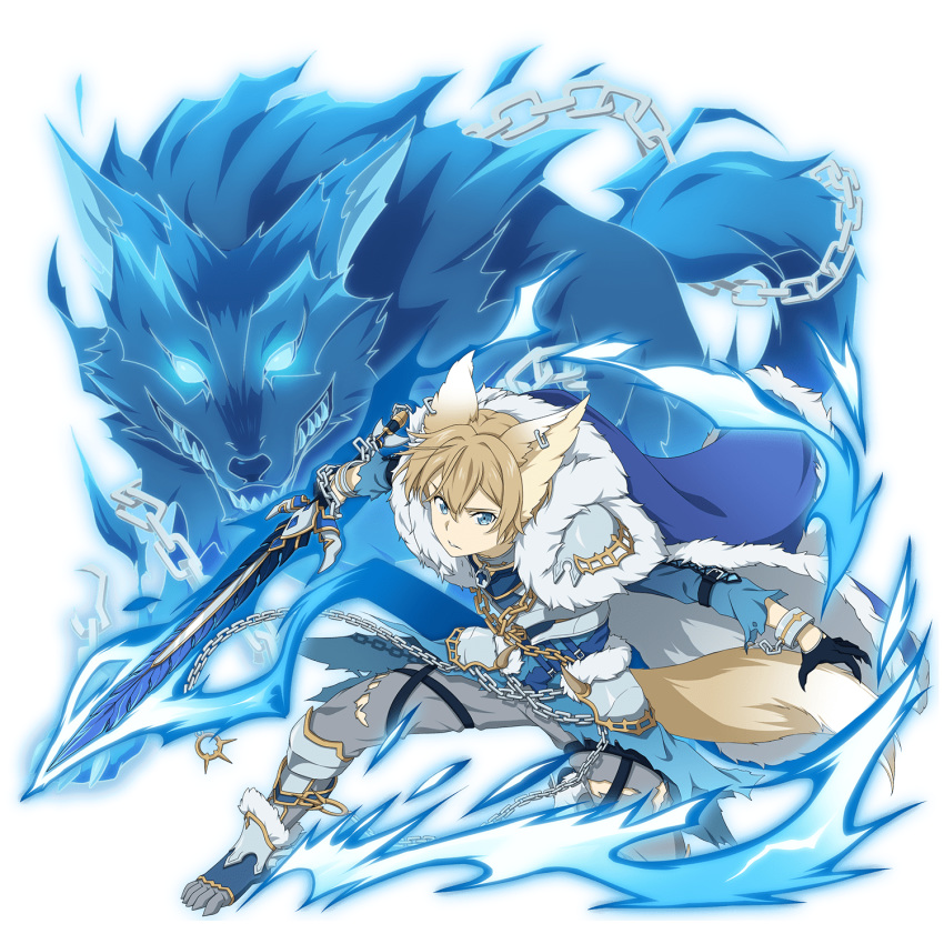 1boy animal_ears bangs blonde_hair blue_eyes blue_gloves breastplate chain closed_mouth eugeo gloves grey_pants hair_between_eyes highres holding holding_sword holding_weapon looking_at_viewer male_focus non-web_source official_art one_knee pants shiny shiny_hair shoulder_armor solo sword sword_art_online torn_clothes torn_pants transparent_background weapon werewolf wolf wolf_ears