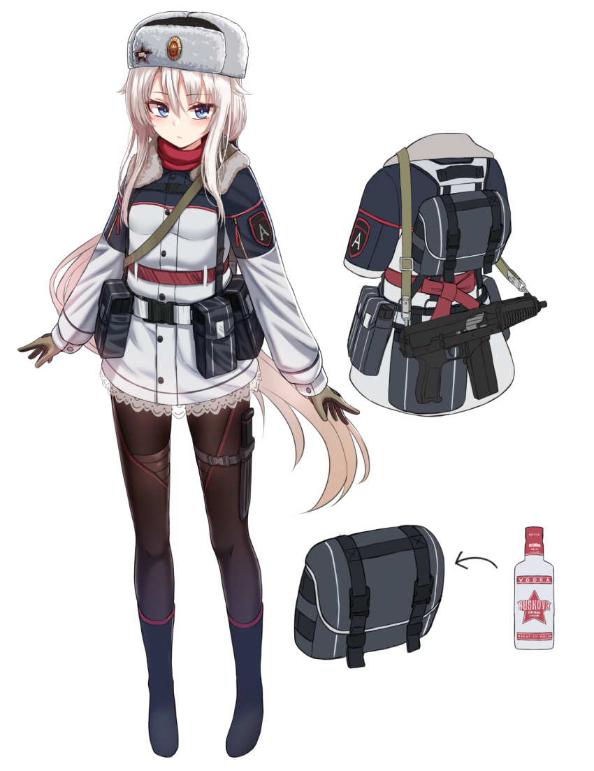 1girl 9a-91 9a-91_(girls_frontline) alcohol assault_rifle backpack bag belt belt_buckle black_legwear blue_eyes blush boots brown_gloves buckle coat full_body girls_frontline gloves gun hair_between_eyes highres knife long_hair long_sleeves low_twintails pantyhose rabochicken rifle star twintails vodka weapon white_background white_coat white_hair