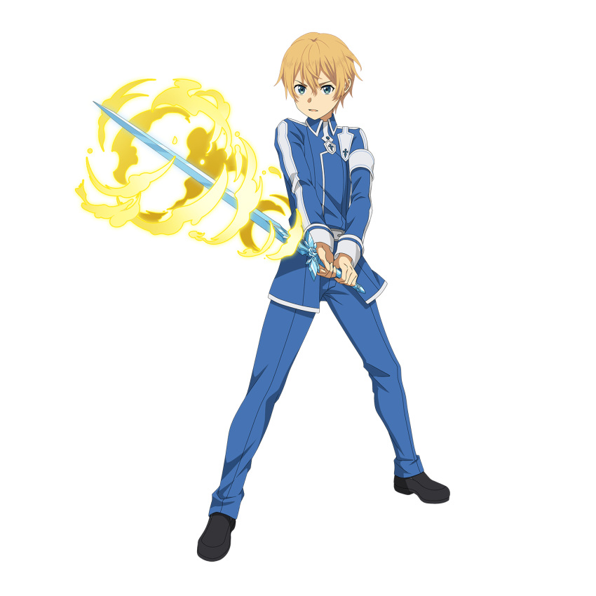 1boy armband bangs blonde_hair blue_eyes blue_pants blue_rose_sword blue_shirt eugeo hair_between_eyes highres holding holding_sword holding_weapon long_sleeves male_focus non-web_source official_art open_mouth pants shirt solo stance standing sword sword_art_online transparent_background uniform weapon