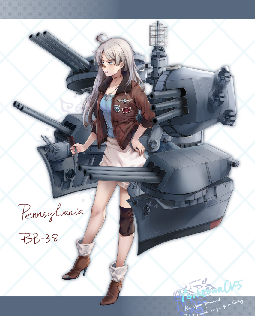 1girl bandaid bandaid_on_face battleship blue_eyes blue_shirt boots brown_footwear brown_jacket cannon commentary english_commentary full_body grey_hair high_heel_boots high_heels highres jacket long_hair machinery mecha_musume military military_vehicle open_clothes open_jacket original personification ship shirt skirt solo turret uss_pennsylvania_(bb-38) warship watercraft white_skirt yorktown_cv-5