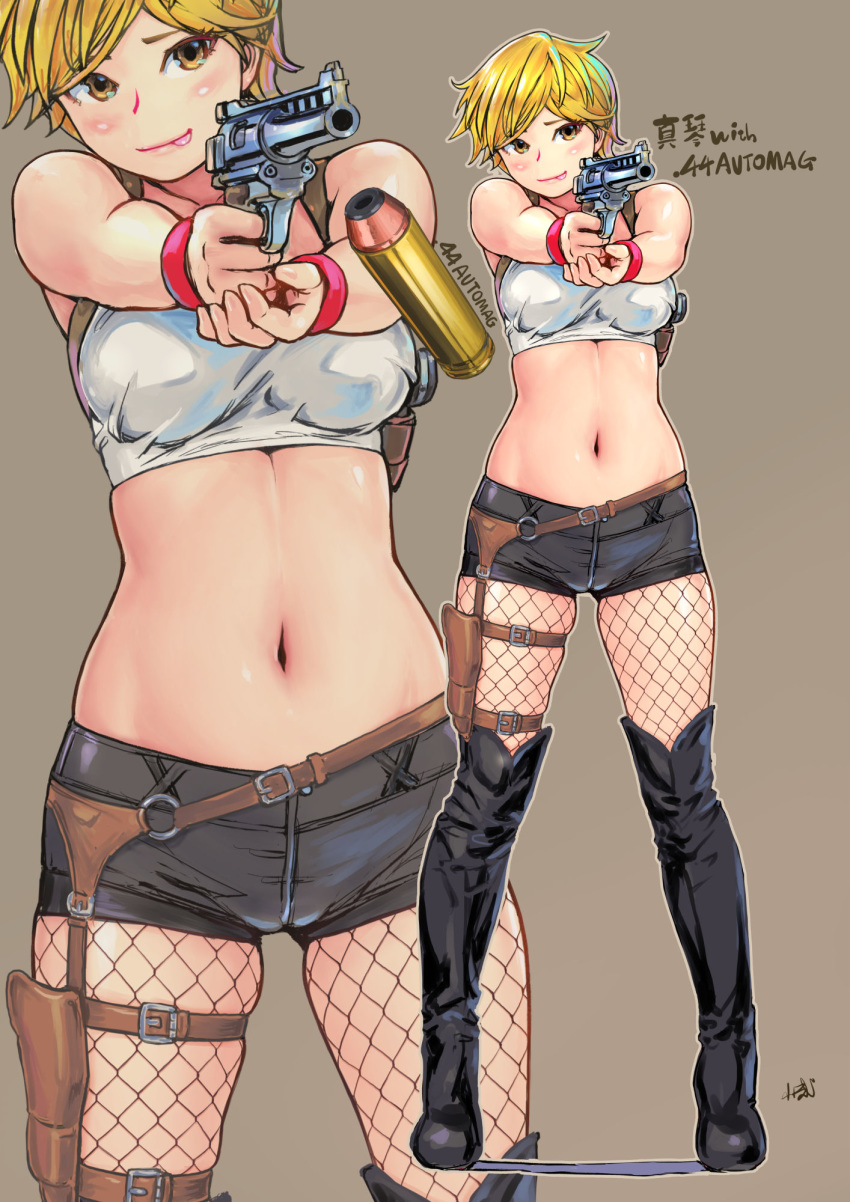 1girl automag blonde_hair boots bullet carina_(xiaowoo) fishnet_legwear fishnets gun highres holster kaikan_change navel otaku saionji_makoto short_hair short_shorts shorts solo thigh_holster video_game weapon zoom_layer