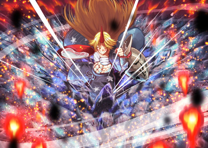 1girl attack blonde_hair blush eyebrows eyebrows_visible_through_hair holding horn hoshiguma_yuugi light_particles long_hair looking_at_viewer open_eyes pants red_eyes ribbon rock sarashi shaded_face smile spell_card star subterranean_animism sunyup teeth touhou wind