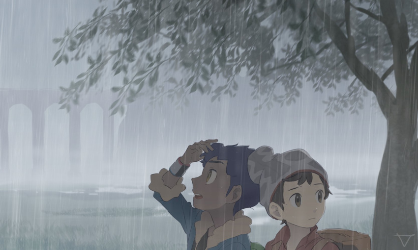 2boys artist_name backpack bag bangs beanie black_shirt blue_jacket bridge brown_eyes brown_hair closed_mouth commentary dark_skin dark_skinned_male fur_trim grass grey_headwear grey_sky hat highres hop_(pokemon) jacket looking_to_the_side looking_up male_focus masaru_(pokemon) multiple_boys open_mouth outdoors pokemon pokemon_(game) pokemon_swsh profile puddle purple_hair rain red_shirt sankaku shirt short_hair signature standing teeth tree upper_body wet wristband yellow_eyes