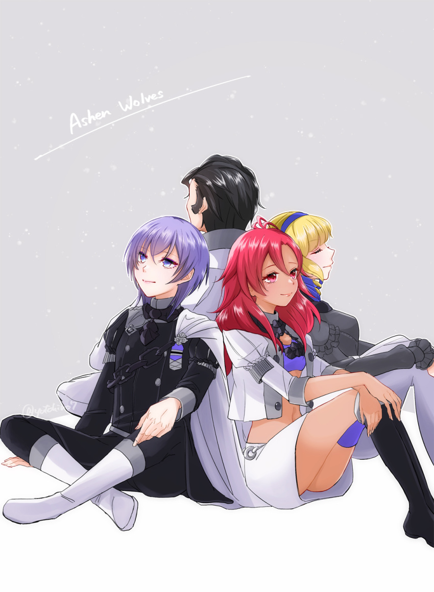 2boys 2girls balthus_(fire_emblem) black_hair blonde_hair blue_hairband boots closed_eyes closed_mouth constance_von_nuvelle crossed_legs dark_skin fire_emblem fire_emblem:_three_houses from_side garreg_mach_monastery_uniform grey_background hairband hapi_(fire_emblem) highres knee_boots knees_up long_sleeves midriff multicolored_hair multiple_boys multiple_girls purple_hair red_eyes redhead short_hair simple_background sitting smile uniform violet_eyes yuri_(fire_emblem) yutohiroya