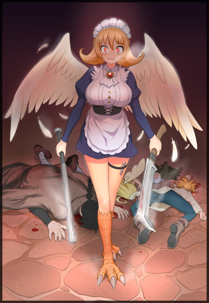 1girl 1other 3boys angel angel_wings apron bangs bird_legs black_border black_hair blonde_hair blood bloody_weapon blue_pants blush border breasts broken_halo brown_footwear cape commentary_request crimvael dress elf eyebrows_visible_through_hair face_down feathered_wings feathers flipped_hair frilled_apron frills full_body gem glowing glowing_eyes hair_between_eyes halfling harpy heavy_breathing highres holding holding_sword holding_weapon ishuzoku_reviewers juliet_sleeves kanchal large_breasts long_sleeves looking_at_viewer lying maid_headdress meidri metal_baseball_bat monster_girl multiple_boys on_back open_mouth orange_hair pants pointy_ears pool_of_blood puffy_sleeves shoes short_hair sonota_taisei standing stone_floor stunk sword thigh_strap thighs weapon white_apron windowboxed wings zel_(ishuzoku_reviewers)