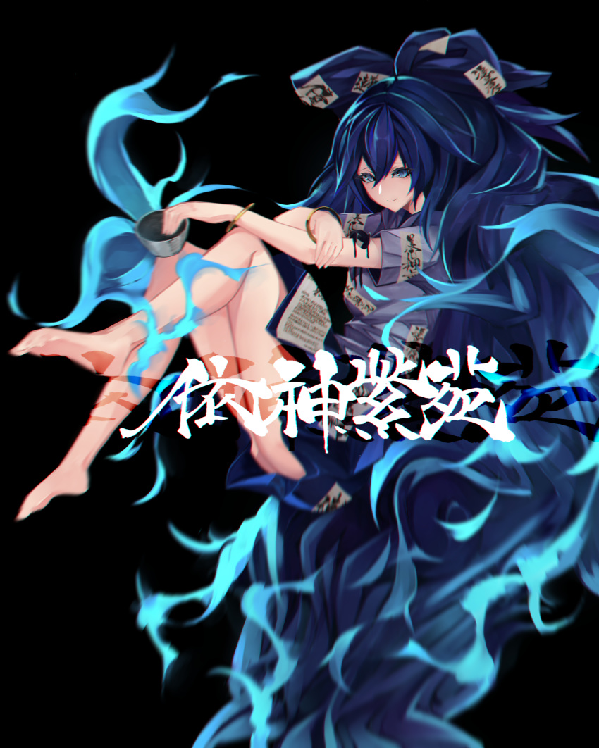 absurdres aura bangle bare_legs barefoot black_background blue_eyes blue_hair blue_skirt bow bowl bracelet character_name debt fetal_position full_body hair_bow highres jewelry long_hair looking_at_viewer migata simple_background skirt touhou yorigami_shion