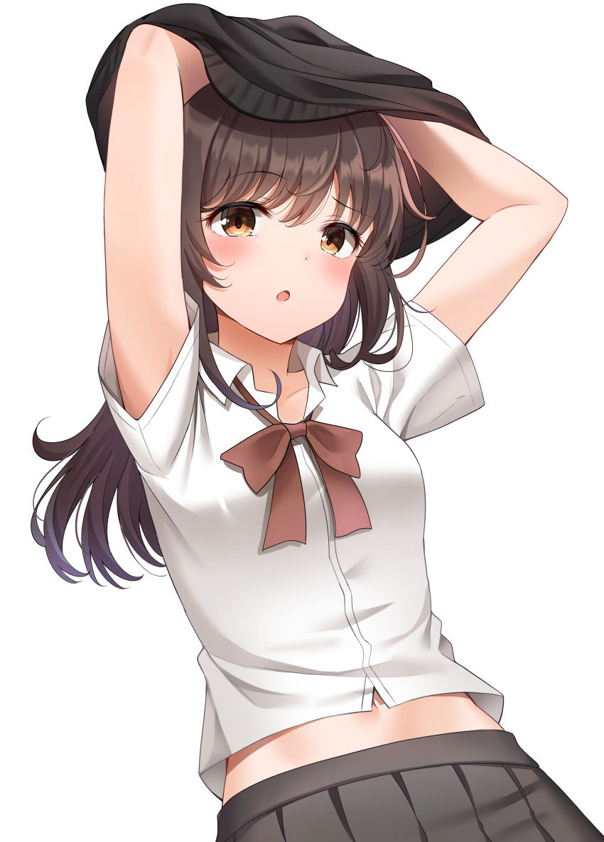 1girl :o absurdres armpit_peek arms_up black_skirt black_sweater bow bowtie breasts brown_eyes brown_hair collared_shirt highres long_hair looking_at_viewer midriff midriff_peek navel open_mouth original pleated_skirt raised_eyebrow school_uniform shirt short_sleeves simple_background skirt small_breasts solo sunhyun sweater undressing upper_body white_background white_shirt