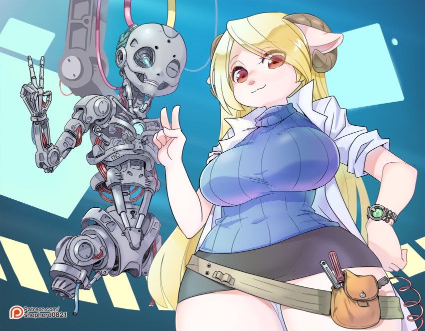 1girl 1other android animal_ears belt blonde_hair breasts cable highres horizontal_pupils horns large_breasts long_hair miniskirt original patreon_username sheep_ears sheep_girl sheep_horns shepherd0821 skirt source_request sweater tools v watch watermark web_address white_skin