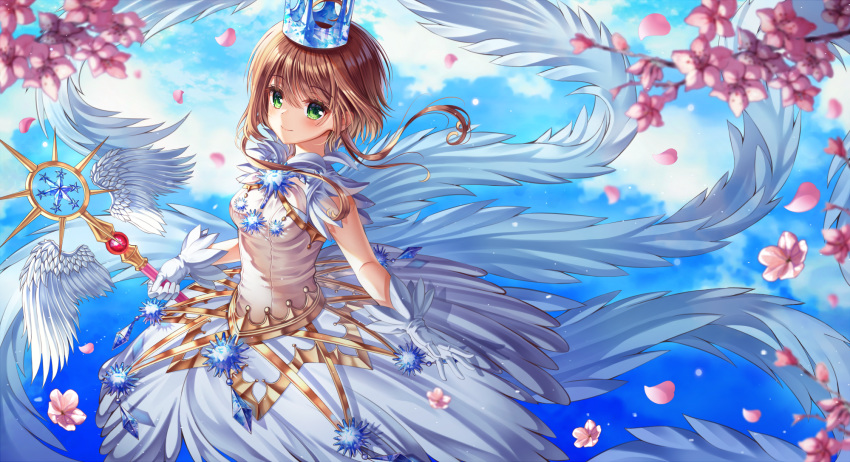 1girl bangs blue_sky blurry blurry_background blurry_foreground breasts brown_hair cardcaptor_sakura closed_mouth crown dress ecu8080 eyebrows_visible_through_hair feathered_wings flower gloves green_eyes hair_between_eyes highres holding holding_staff kinomoto_sakura medium_breasts multiple_wings petals pink_flower shiny shiny_hair short_hair_with_long_locks sidelocks sky sleeveless sleeveless_dress smile solo staff standing white_dress white_gloves white_wings wings yume_no_tsue