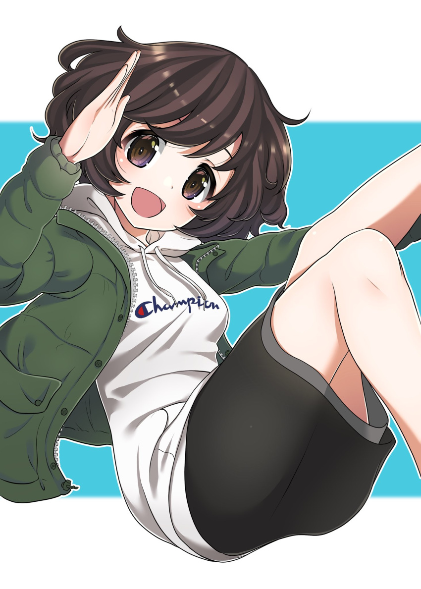 1girl :d akiyama_yukari bangs black_skirt blue_background brown_eyes brown_hair casual champion_(company) collaboration commentary_request drawstring excel_(shena) eyebrows_visible_through_hair floating girls_und_panzer green_jacket highres hood hood_down hoodie jacket leg_up letterboxed logo long_sleeves looking_at_viewer medium_skirt messy_hair open_clothes open_jacket open_mouth outline ruruepa shirt short_hair skirt smile solo white_outline white_shirt zipper