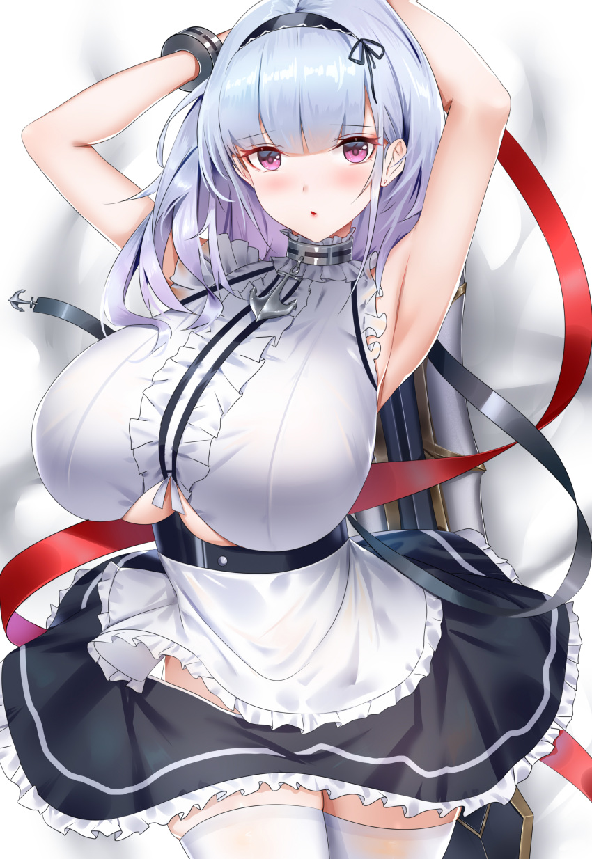 1girl absurdres anchor_choker apron armpits arms_behind_head arms_up azur_lane bangs bare_shoulders black_dress black_hairband black_ribbon blunt_bangs blush breasts center_frills collar commentary_request cuffs dido_(azur_lane) dress earrings hairband heart heart_earrings highres jewelry large_breasts long_hair looking_at_viewer metal_collar open_mouth pink_eyes red_ribbon revision ribbon silver_hair solo sword thigh-highs thighs under_boob underboob_cutout waist_apron weapon white_apron white_legwear wu_ganlan_cai