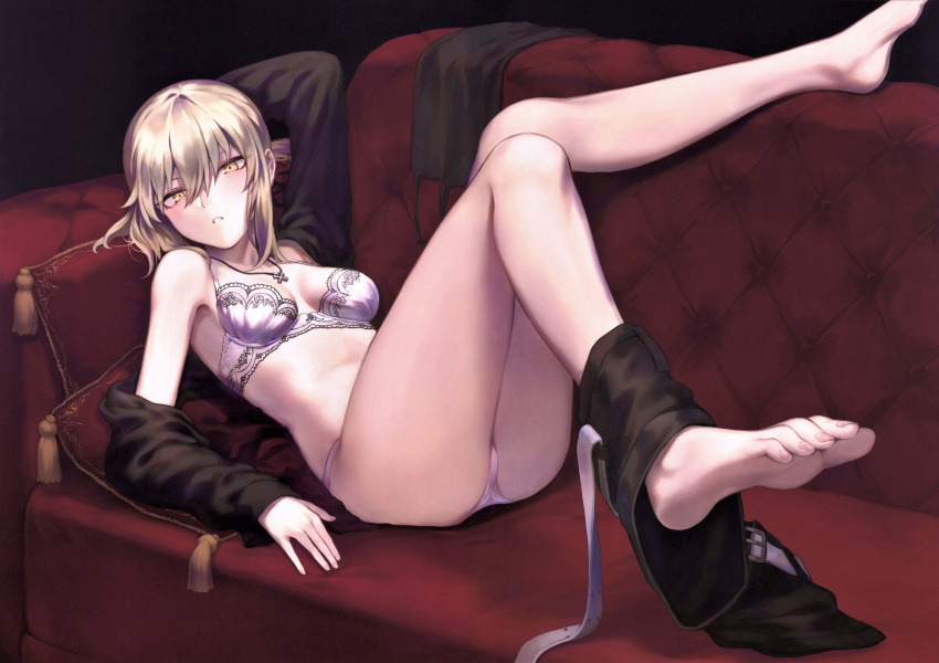 1girl absurdres artoria_pendragon_(all) ass bangs bare_shoulders barefoot bra breasts clothes_removed couch fate/grand_order fate_(series) feet highres jewelry lingerie looking_at_viewer lying mashuu_(neko_no_oyashiro) medium_breasts necklace on_back pale_skin panties parted_lips pillow saber_alter scan solo thighs toenails toes underwear white_hair yellow_eyes