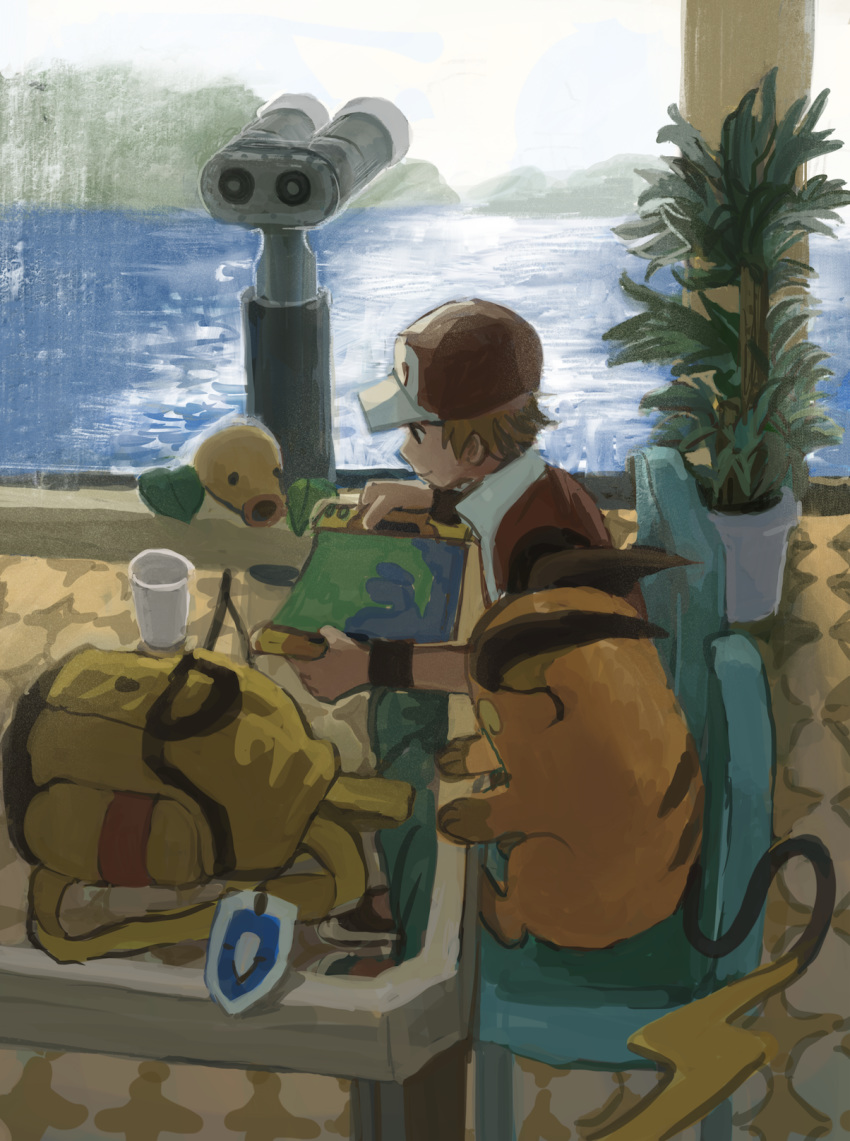 1boy baseball_cap bellsprout black_eyes brown_hair chair creature cup gen_1_pokemon hat highres holding_map male_focus map minahamu mountain ocean plant pokemon pokemon_(creature) pokemon_(game) pokemon_frlg raichu red_(pokemon) sitting table vs_seeker