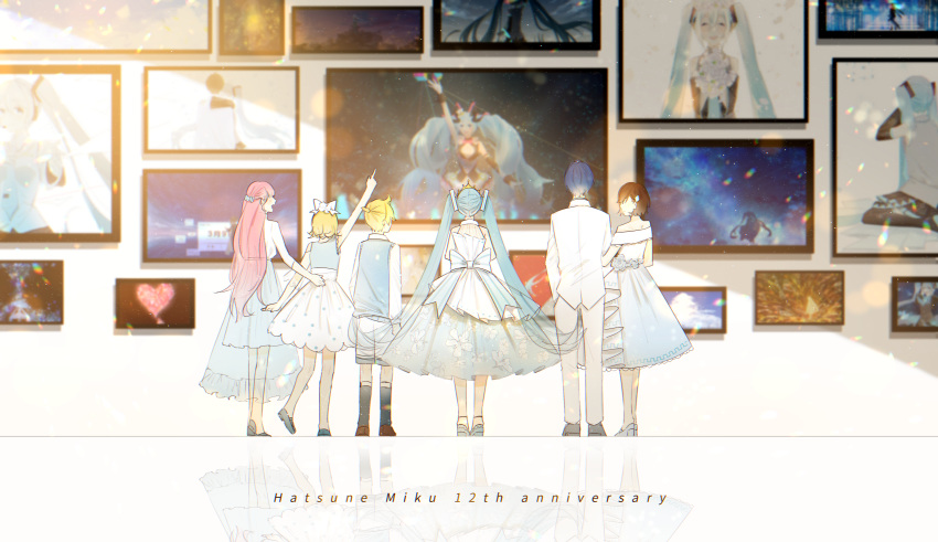 2boys 4girls absurdres ai_kotoba_iii_(vocaloid) anniversary blonde_hair blue_hair bow brown_hair character_name commentary dress formal from_behind hair_bow hatsune_miku heart high_heels highres kneehighs layered_dress lens_flare long_hair magical_mirai_(vocaloid) multiple_boys multiple_girls picture_(object) picture_frame pink_hair rainbow re_eva reflection refraction see-through_skirt short_hair shorts skirt standing suit twintails very_long_hair vest vocaloid wall white_dress white_suit wide_shot