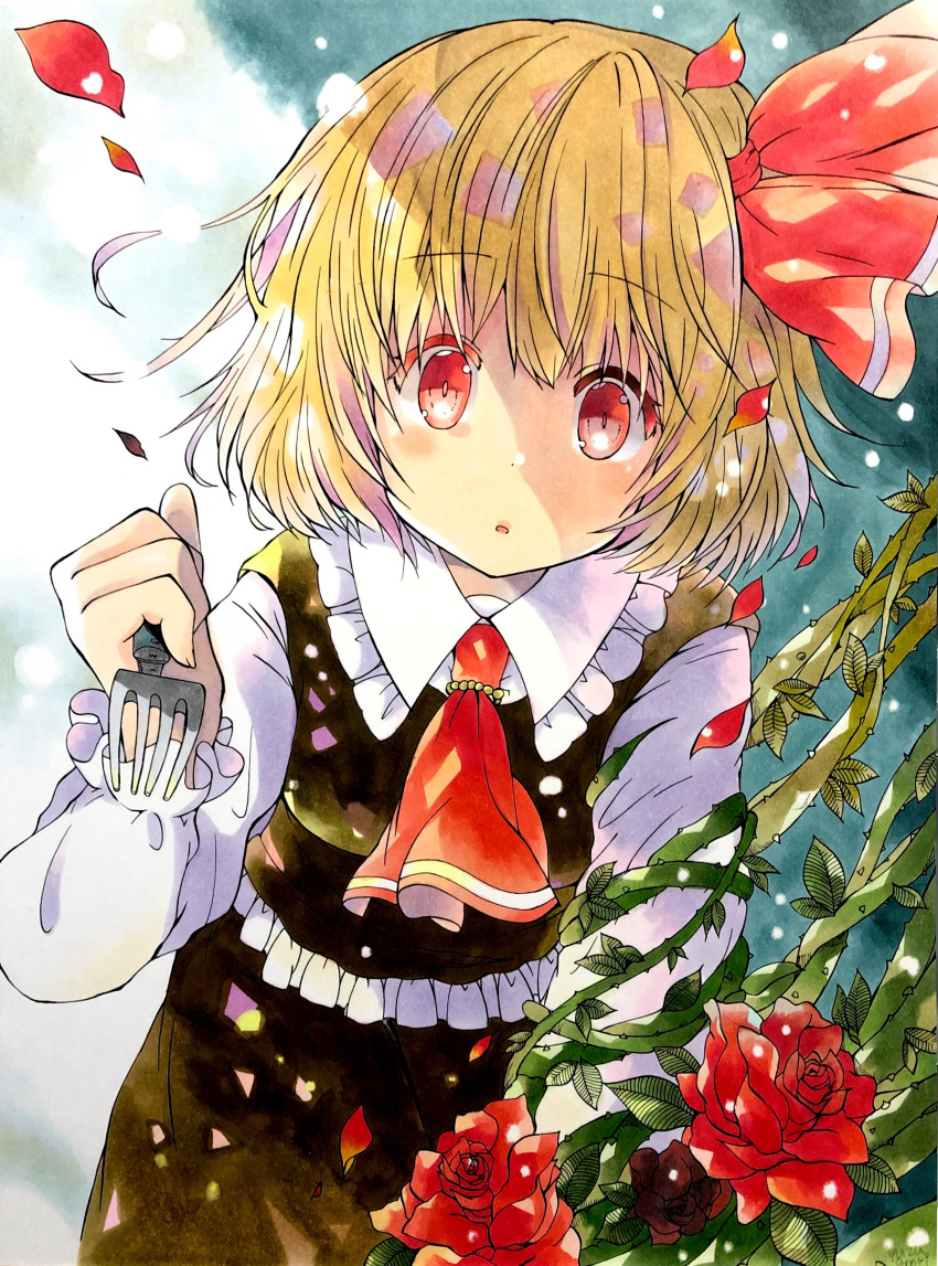 1girl absurdres black_skirt black_vest blonde_hair commentary_request cowboy_shot flower fork frills hair_ribbon highres holding holding_fork leaning_forward long_sleeves looking_at_viewer marker_(medium) petals red_eyes red_neckwear red_ribbon ribbon rose rose_petals rumia shirt short_hair skirt solo thorns touhou traditional_media vest white_shirt yuzugoori