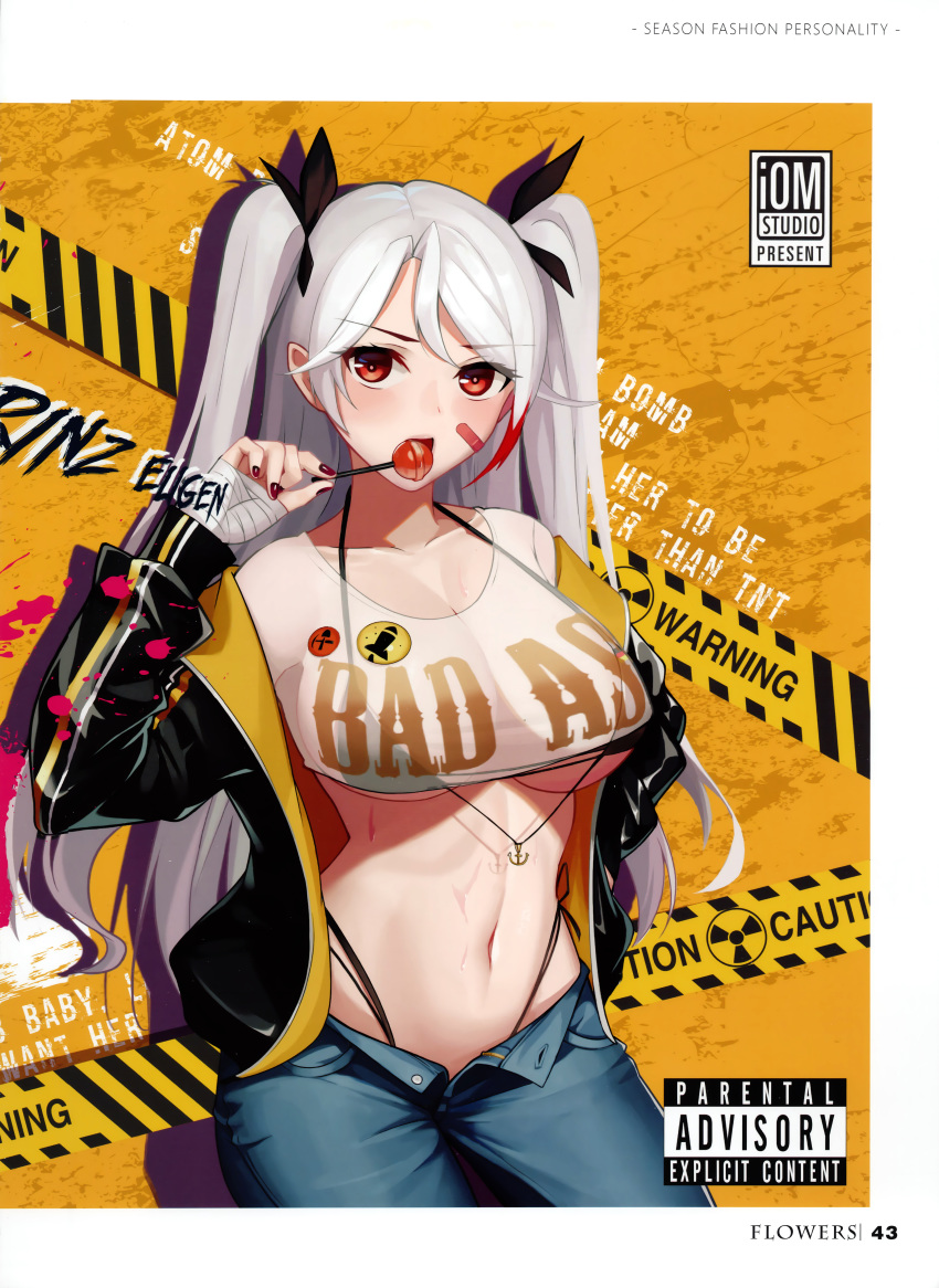 1girl absurdres azur_lane bandaged_arm bandages bikini bikini_under_clothes black_bikini breasts bright_pupils candy contrapposto cowboy_shot crop_top crop_top_overhang denim food highleg highleg_bikini highres huge_filesize jacket jeans large_breasts loading_(vkjim0610) lollipop long_hair looking_at_viewer midriff multicolored_hair nail_polish navel off_shoulder open_clothes open_fly open_jacket open_pants page_number pants parental_advisory prinz_eugen_(azur_lane) red_eyes scan see-through side-tie_bikini solo streaked_hair string_bikini sweat swimsuit two_side_up under_boob white_hair