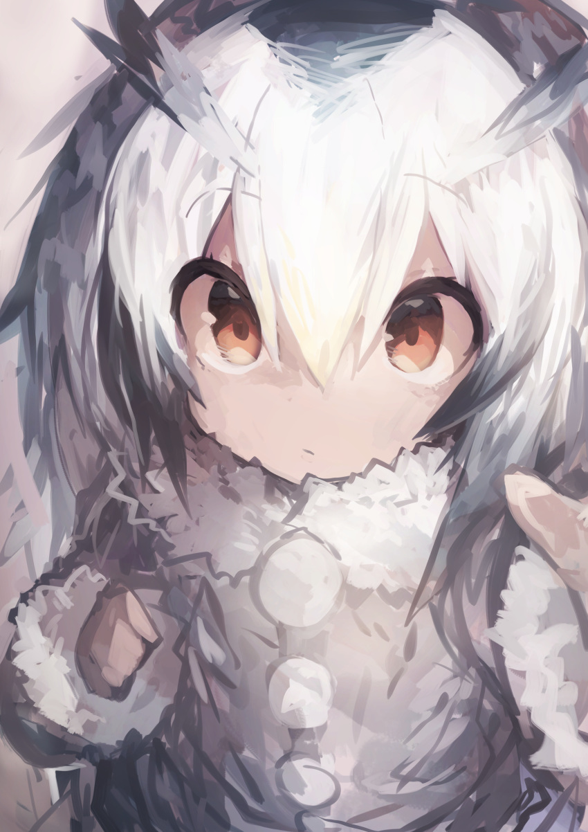 1girl absurdres animal_ears bangs brown_eyes closed_mouth coat commentary fur_collar fur_trim gradient_hair grey_background grey_coat grey_hair hair_between_eyes head_wings highres kaamin_(mariarose753) kemono_friends long_sleeves looking_at_viewer multicolored_hair northern_white-faced_owl_(kemono_friends) owl_ears pom_pom_(clothes) short_hair simple_background solo white_hair