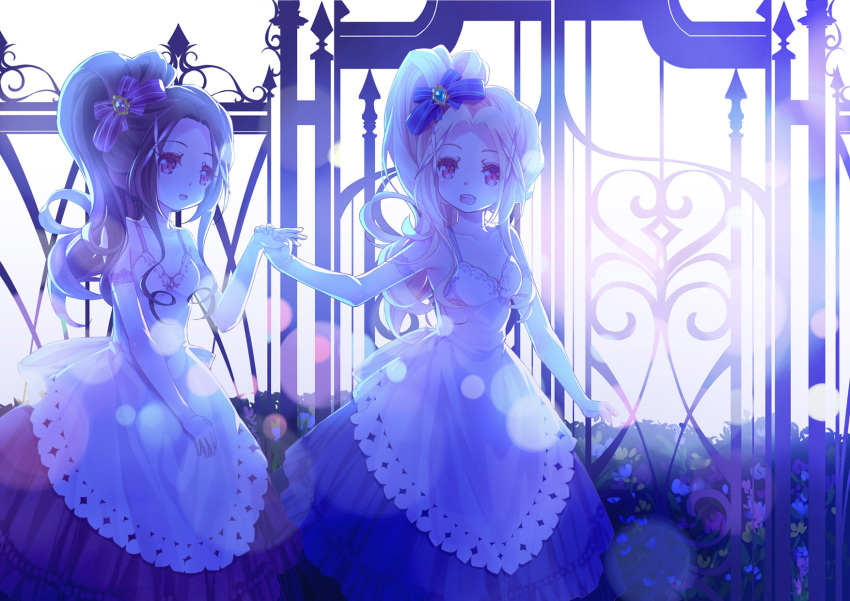 2girls 54hao :d backlighting bangs bare_shoulders blonde_hair blue_bow blue_skirt bow breasts commentary_request dress elbow_gloves forehead gate gloves hair_bow hair_ornament high_ponytail highres holding_hands long_hair multiple_girls open_mouth original parted_bangs pleated_skirt ponytail purple_bow purple_hair red_eyes red_skirt siblings sisters skirt sleeveless sleeveless_dress small_breasts smile striped striped_bow twins very_long_hair white_background white_dress white_gloves x_hair_ornament