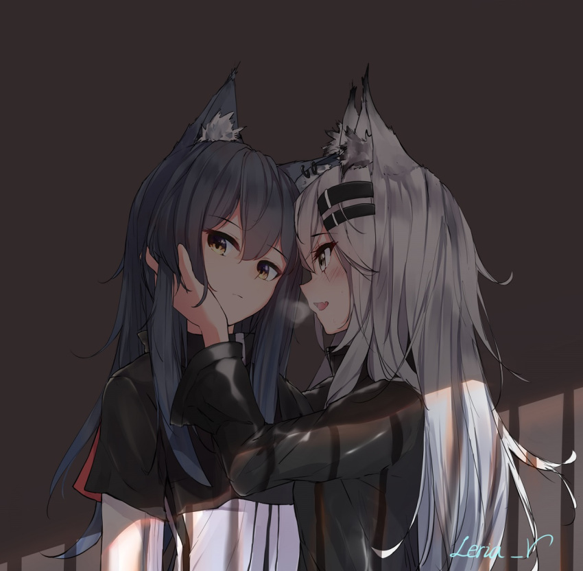 2girls :d animal_ear_fluff animal_ears arknights artist_name bangs black_capelet black_hair black_jacket blush breath brown_eyes capelet commentary eyebrows_visible_through_hair fang from_side grey_background grey_eyes hair_between_eyes hair_ornament hairclip head_tilt highres jacket lappland_(arknights) leria_v long_hair long_sleeves looking_at_another looking_at_viewer multiple_girls open_mouth profile shadow sidelocks signature silver_hair smile texas_(arknights) trembling upper_body white_jacket wolf_ears yuri