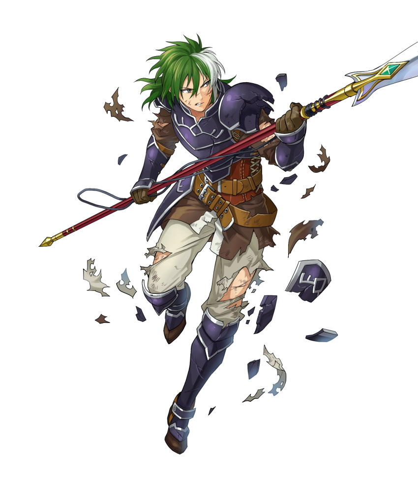 1boy armor belt boots fire_emblem fire_emblem:_the_blazing_blade fire_emblem_heroes full_body gloves green_eyes green_hair heath_(fire_emblem) highres injury long_hair male_focus multicolored_hair official_art polearm solo spear teeth torn_clothes transparent_background two-tone_hair weapon white_hair