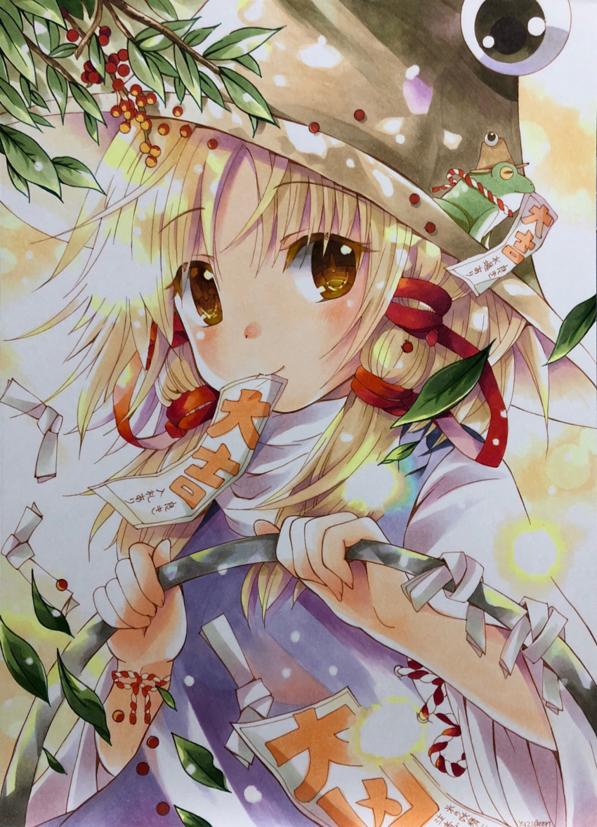 1girl blonde_hair brown_headwear commentary_request frog hair_ribbon hands_up highres holding leaf looking_at_viewer marker_(medium) medium_hair moriya's_iron_rings moriya_suwako mouth_hold omikuji purple_vest red_ribbon ribbon shirt touhou traditional_media turtleneck upper_body vest white_shirt yuzugoori