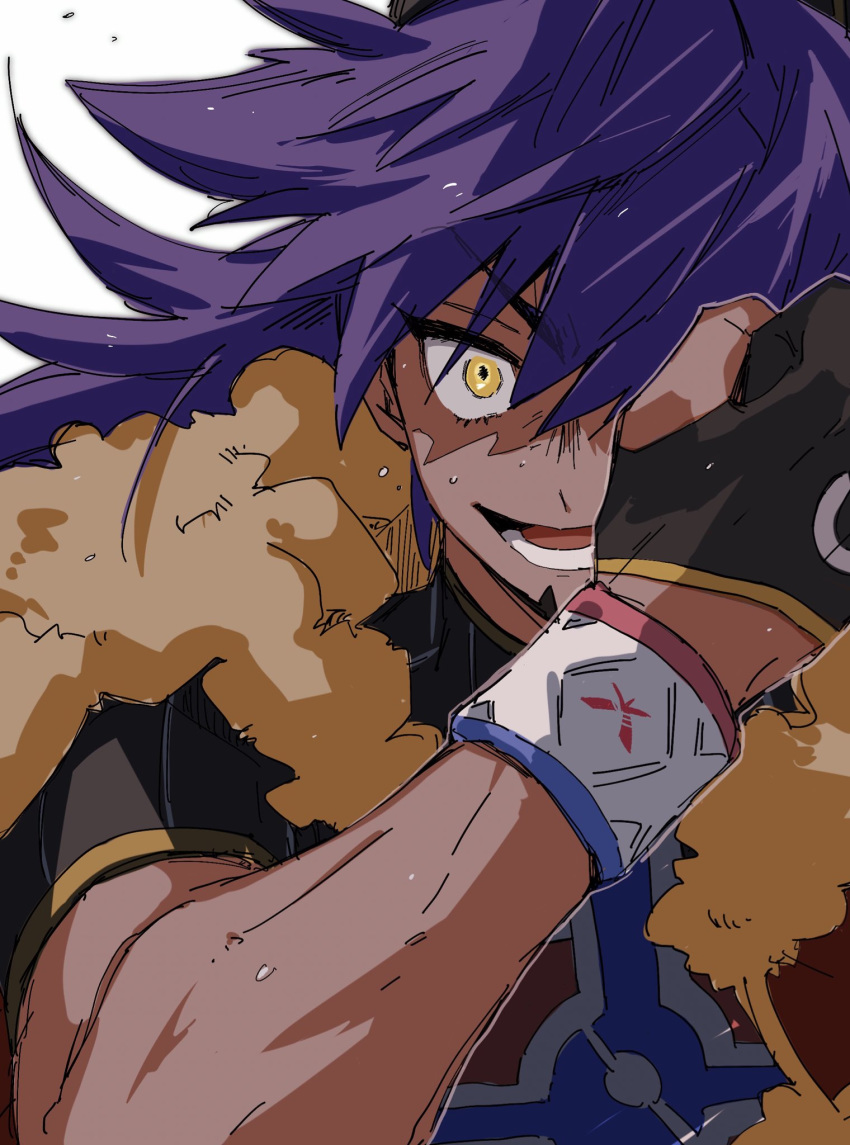 1boy black_gloves commentary dande_(pokemon) dark_skin dark_skinned_male fur_trim gloves highres hodohodo_(pk_dk_mh) long_hair male_focus open_mouth partly_fingerless_gloves pokemon pokemon_(game) pokemon_swsh purple_hair smile solo sweat upper_body white_background yellow_eyes