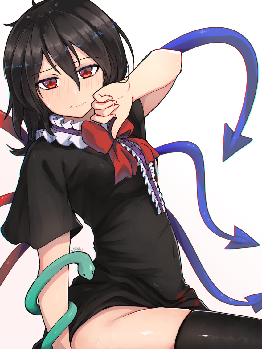 1girl absurdres arm_up black_dress black_hair black_legwear bow bowtie breasts closed_mouth commentary_request dress hair_between_eyes highres houjuu_nue long_hair looking_at_viewer red_eyes red_neckwear senzaicha_kasukadoki short_dress short_sleeves simple_background small_breasts snake solo thigh-highs touhou white_background