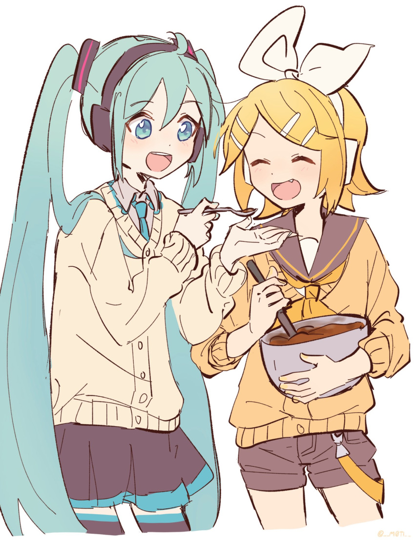 2girls ahoge aqua_eyes aqua_hair aqua_neckwear bangs black_collar black_legwear black_shorts black_skirt blonde_hair bow bowl cardigan chocolate chocolate_making closed_eyes collar commentary cooking cowboy_shot fang feeding grey_shirt hair_bow hair_ornament hairclip hatsune_miku headphones highres holding holding_bowl holding_spoon kagamine_rin long_hair long_sleeves m0ti mixing mixing_bowl multiple_girls neckerchief necktie open_mouth sailor_collar shirt short_hair short_shorts shorts skirt spoon standing swept_bangs thigh-highs twintails very_long_hair vocaloid white_background white_bow yellow_neckwear zettai_ryouiki