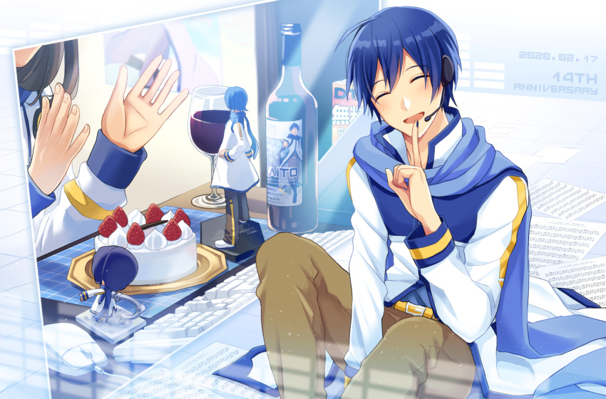 1boy 1girl 2020 2d_dating alcohol anniversary arm_between_legs belt birthday birthday_cake blue_hair blue_nails blue_scarf blush bottle cake character_name clapping closed_eyes coat commentary cream cup dated drinking_glass figure finger_to_mouth food fruit happy headphones headset index_finger_raised kaito keyboard_(computer) male_focus master_(vocaloid) mouse_(computer) nail_polish nendoroid nokuhashi pants paper scarf sheet_music sitting strawberry virtual_reality vocaloid white_coat wine wine_bottle wine_glass