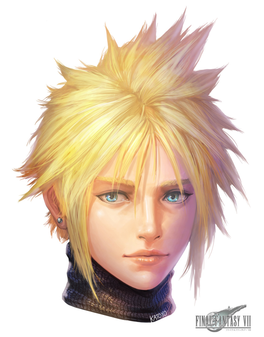 1boy artist_name bangs blue_eyes close-up closed_mouth cloud_strife earrings face final_fantasy final_fantasy_vii final_fantasy_vii_remake hair_between_eyes highres jewelry katoyo85 portrait spiky_hair sweater turtleneck turtleneck_sweater