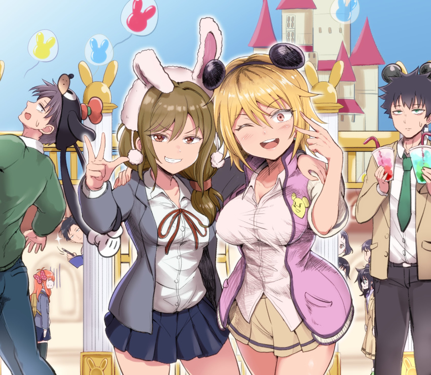 3boys 6+girls ;d absurdres animal_ears backpack bag blazer blonde_hair blush castle company_connection crossover disneyland dress_shirt gekkan_shoujo_nozaki-kun grin highres iguchi_akari jacket komiyama_kotomi kuroki_tomoki kuroki_tomoko long_hair multiple_boys multiple_girls nozaki_umetarou one_eye_closed open_clothes open_jacket open_mouth pants pleated_skirt sakura_chiyo school_uniform seo_yuzuki shirt short_hair skirt smile square_enix sweatdrop tamura_yuri tomato_cyuki untucked_shirt v wakamatsu_hirotaka watashi_ga_motenai_no_wa_dou_kangaetemo_omaera_ga_warui! white_shirt yoshida_masaki