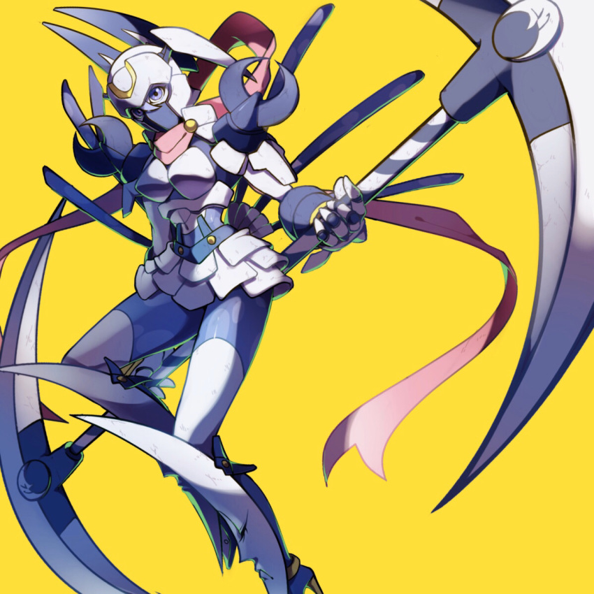 1girl animal_ears bodysuit breastplate breasts commentary_request crescent dianamon digimon face_mask floating floating_object full_body gauntlets hair_between_eyes helmet high_heels highres holding holding_scythe large_breasts mask meipura pink_scarf purple_bodysuit rabbit_ears scarf scythe shading shin_guards shoulder_armor skirt solo violet_eyes white_armor white_legwear white_skirt yellow_background