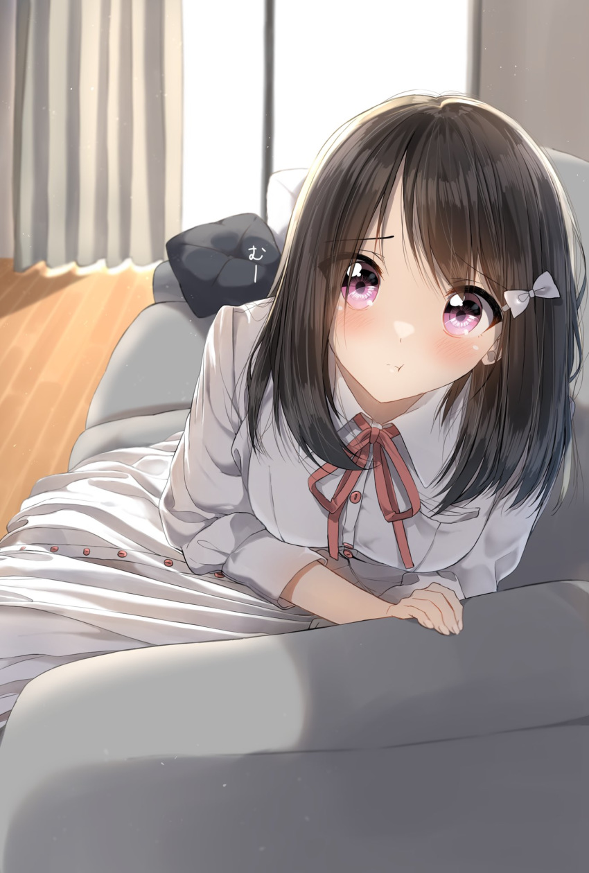 1girl :t backlighting bangs black_hair blush bow breasts closed_mouth collared_dress commentary_request couch curtains day dress eyebrows_visible_through_hair hair_bow hair_ornament hairclip highres indoors long_hair long_sleeves looking_at_viewer medium_breasts neck_ribbon on_couch original pentagon_(railgun_ky1206) pillow pout red_ribbon ribbon sitting solo sunlight violet_eyes white_bow white_dress window wooden_floor