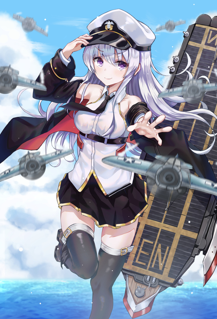 1girl absurdres aircraft arm_up azur_lane belt black_coat black_legwear black_skirt breasts clouds coat collared_shirt commentary_request enterprise_(azur_lane) flight_deck gold_trim hand_on_headwear hat highres kano_(mgnnew12) leg_up long_hair looking_at_viewer machinery medium_breasts miniskirt motion_blur necktie ocean off_shoulder open_clothes open_coat outstretched_arm peaked_cap shirt silver_hair skirt sky sleeveless sleeveless_shirt smile solo thigh-highs violet_eyes water white_shirt zettai_ryouiki