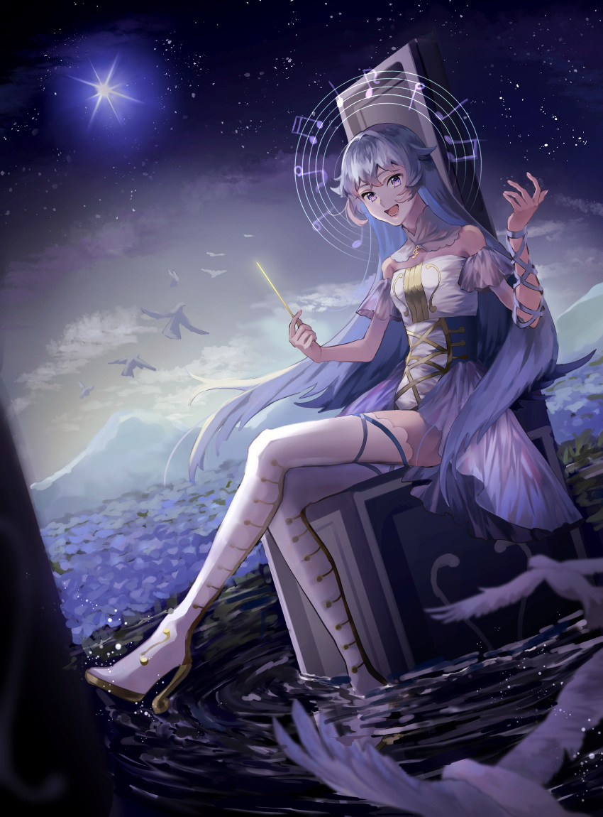 1girl :d baton_(instrument) beamed_eighth_notes beamed_sixteenth_notes bird blue_hair boots breasts detached_collar eighth_note full_body half_note high_heel_boots high_heels highres long_hair long_neck looking_at_viewer mountainous_horizon music musical_note open_mouth pixiv quarter_note ripples singing sitting sky small_breasts smile solo star star_(sky) starry_sky syuka_rain thigh-highs thigh_boots treble_clef very_long_hair violet_eyes