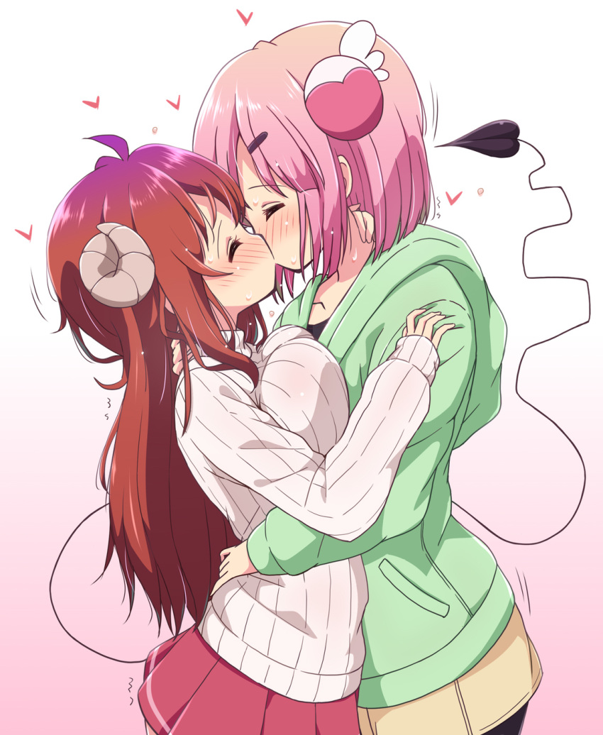 2girls ahoge blush breast_press breasts chiyoda_momo closed_eyes demon_girl demon_horns demon_tail eyebrows_visible_through_hair gradient gradient_background green_jacket hair_ornament hairclip highres hood hooded_jacket horns hug jacket kiss large_breasts long_hair long_sleeves machikado_mazoku mel_(melty_pot) multiple_girls pink_background pink_hair red_skirt redhead ribbed_sweater simple_background skirt sweater tail turtleneck turtleneck_sweater valentine yellow_skirt yoshida_yuuko_(machikado_mazoku) yuri