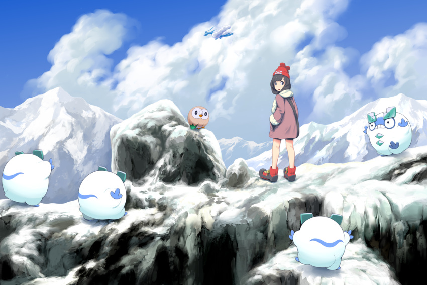 1girl altaria bangs beanie black_hair blue_eyes clouds cloudy_sky coat commentary_request day fur-trimmed_sleeves fur_trim galarian_darumaka galarian_form gen_3_pokemon gen_7_pokemon gen_8_pokemon hands_in_pockets hat long_sleeves looking_back medium_hair mizuki_(pokemon) mk_(mikka) mountain outdoors pink_coat pokemon pokemon_(creature) pokemon_(game) pokemon_sm red_headwear rowlet shoes sky sneakers snow swept_bangs