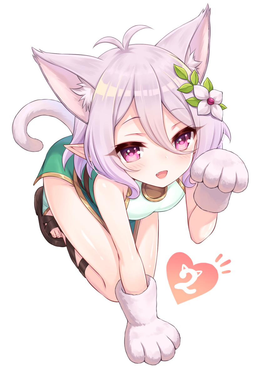 1girl :d animal_ear_fluff animal_ears antenna_hair bangs bare_shoulders blush breasts brown_footwear cat_ears cat_girl cat_tail commentary_request dress eyebrows_visible_through_hair fang flower gloves green_dress hair_between_eyes hair_flower hair_ornament heart highres kemonomimi_mode kokkoro_(princess_connect!) looking_at_viewer open_mouth paw_gloves paws pointy_ears princess_connect! princess_connect!_re:dive purple_hair sandals simple_background sleeveless sleeveless_dress small_breasts smile solo tail tomo_(user_hes4085) violet_eyes white_background white_flower white_gloves