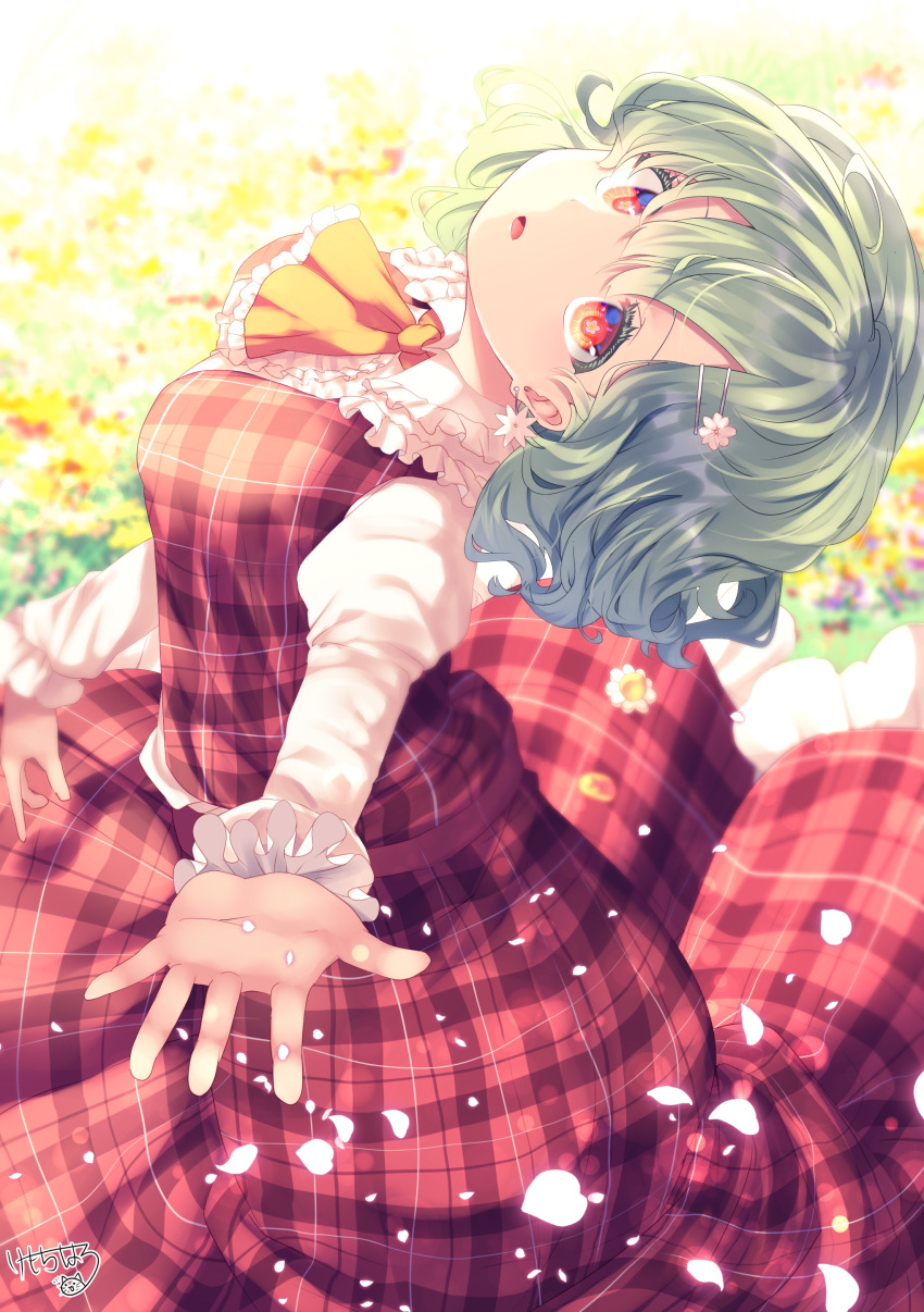 1girl absurdres artist_name bangs dress earrings flower green_hair hair_ornament hairclip head_tilt highres jewelry kazami_yuuka kemo_chiharu looking_at_viewer necktie open_hand open_mouth pedal plaid plaid_skirt puffy_sleeves reaching_out red_dress red_eyes short_hair skirt sunlight symbol-shaped_pupils touhou yellow_neckwear